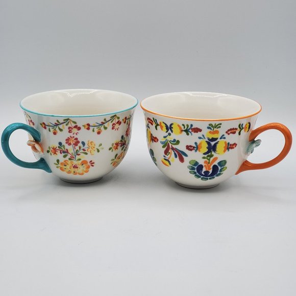 Anthropologie Other - 2 ANTHROPOLOGIE Cadiz Coffee Tea Cup Mug Painted Floral Design 3D Flower-Teal